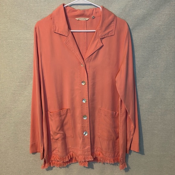 Soft Surroundings Womens Button Down Shirt Large Coral Raw Hem Lyocell Pockets - Picture 1 of 8
